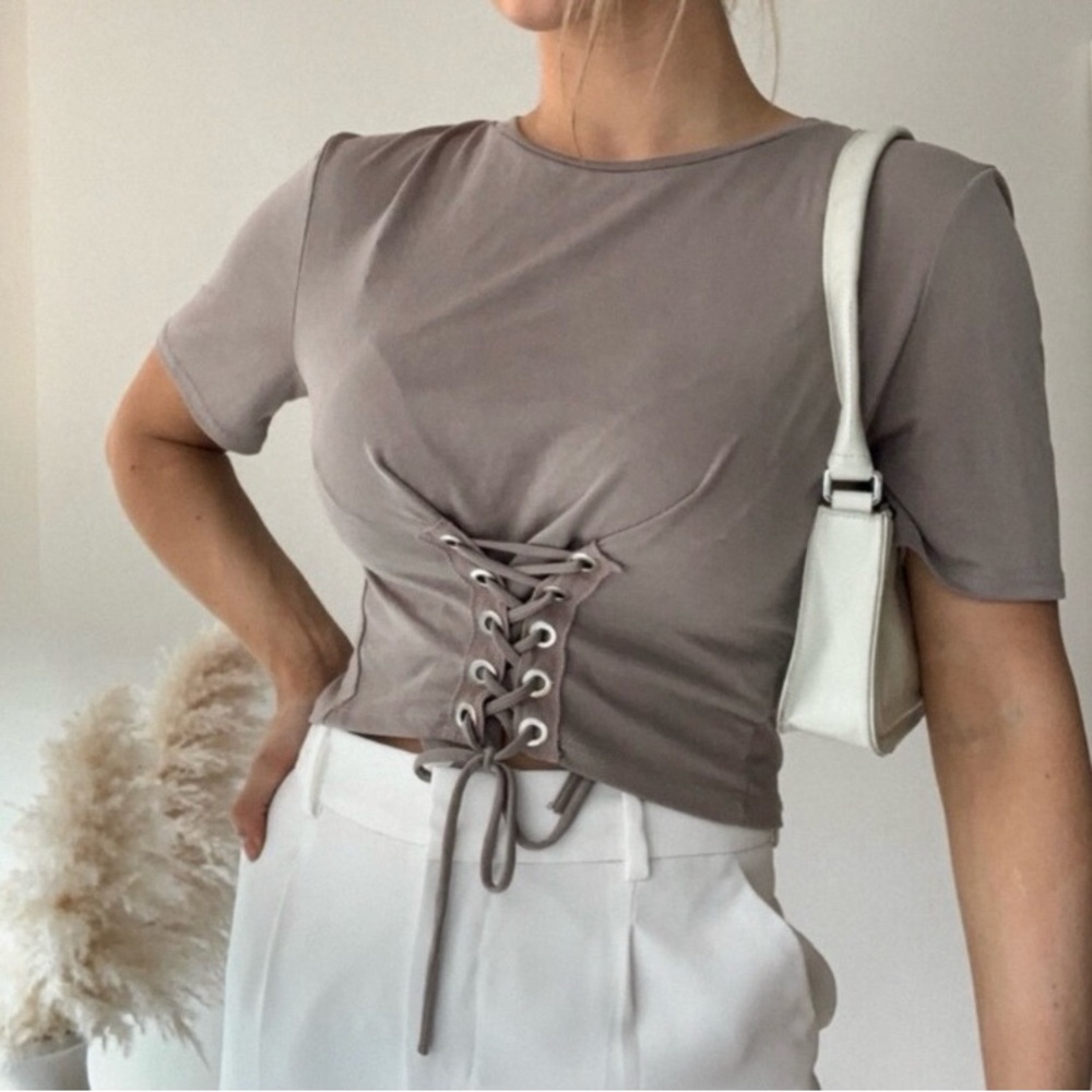 Grey Lace-Up Top